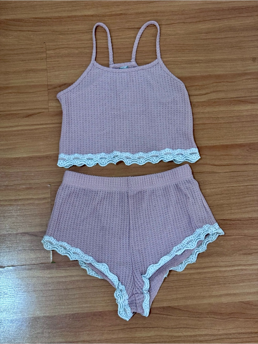 Soft Girl Waffle Knit Pajama Set Pink Lace Trim High Waisted Shorts Small
